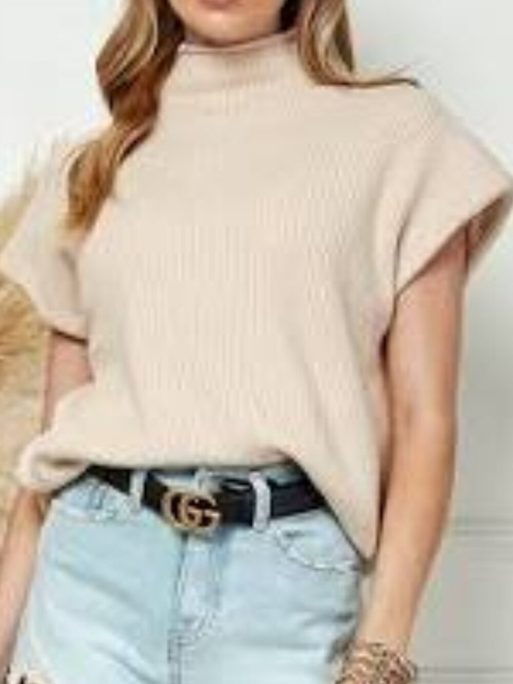 Collection by Cezele Cream Mock Neck Short Sleeve Knit Sweater M